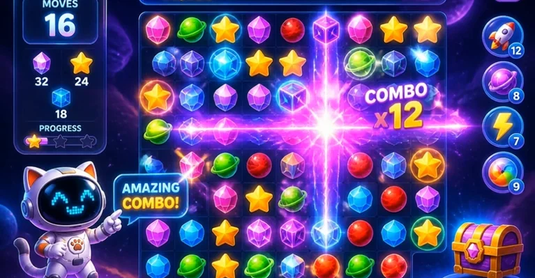 Match-3 gameplay with colorful cosmic gems and combo streak