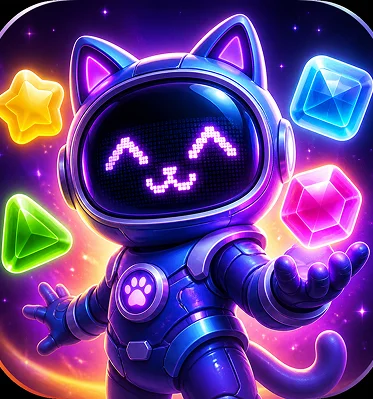 Nova the space cat surrounded by glowing gems