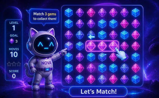 Level 1 gameplay — matching cosmic crystals