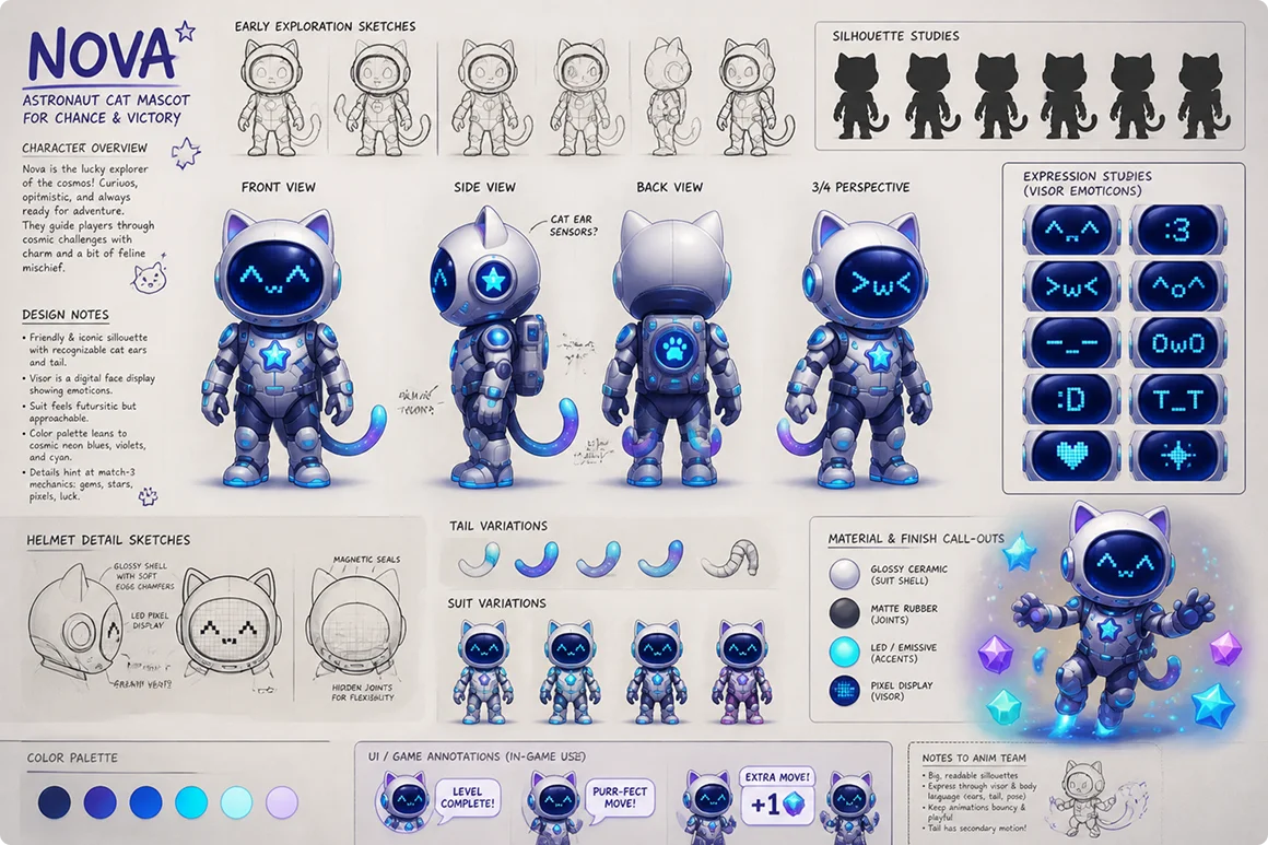 Nova character concept sheet — astronaut cat mascot