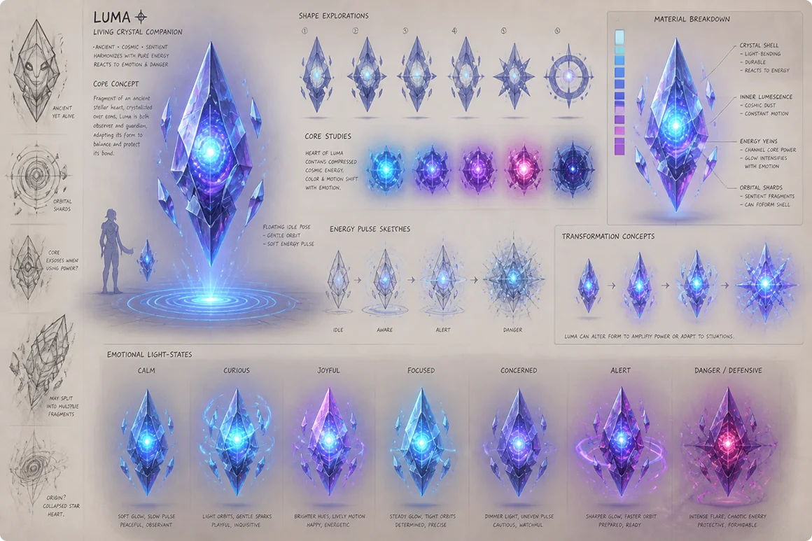 Luma character concept sheet — living crystal entity
