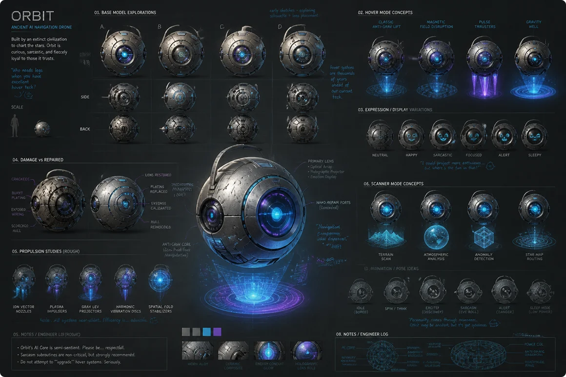 Orbit character concept sheet — ancient AI drone